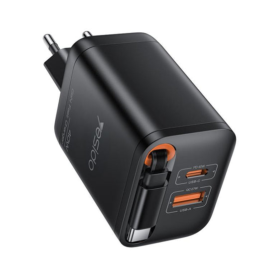 Yesido YC99 40W Fast Charger with Telescopic Type-C Cable, Plug:EU Plug(Black)