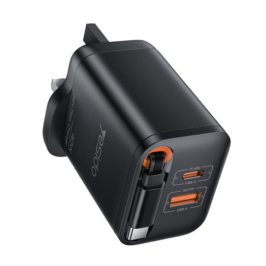 Yesido YC145 40W Fast Charger with Telescopic Type-C Cable, Plug:UK Plug(Black)