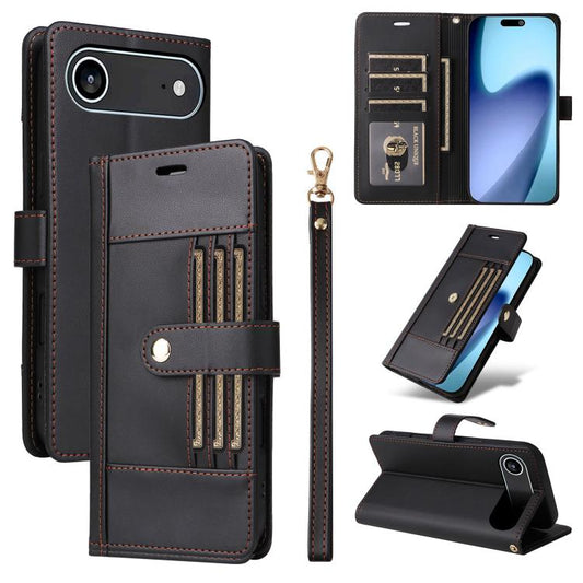 For iPhone Air Six Card Slots Buckle Leather Phone Case with Lanyard(Black) - iPhone Air Cases by buy2fix | Online Shopping UK | buy2fix
