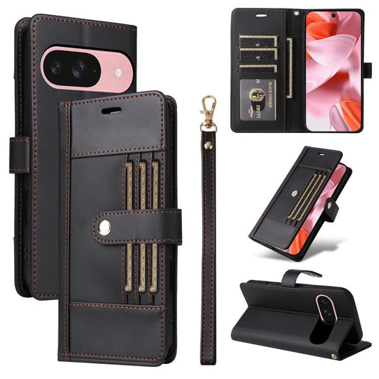 For Google Pixel 9 / 9 Pro / 10 / 10 Pro Six Card Slots Buckle Leather Phone Case with Lanyard(Black) - Google Cases by buy2fix | Online Shopping UK | buy2fix
