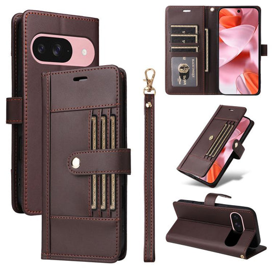 For Google Pixel 9 / 9 Pro / 10 / 10 Pro Six Card Slots Buckle Leather Phone Case with Lanyard(Coffee) - Google Cases by buy2fix | Online Shopping UK | buy2fix
