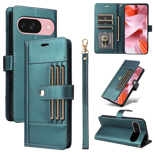 For Google Pixel 9 / 9 Pro / 10 / 10 Pro Six Card Slots Buckle Leather Phone Case with Lanyard(Green) - Google Cases by buy2fix | Online Shopping UK | buy2fix