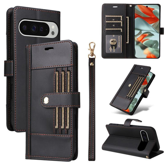 For Google Pixel 9 Pro XL / 10 Pro XL Six Card Slots Buckle Leather Phone Case with Lanyard(Black) - Google Cases by buy2fix | Online Shopping UK | buy2fix