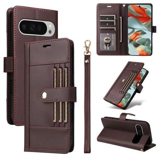 For Google Pixel 9 Pro XL / 10 Pro XL Six Card Slots Buckle Leather Phone Case with Lanyard(Coffee) - Google Cases by buy2fix | Online Shopping UK | buy2fix