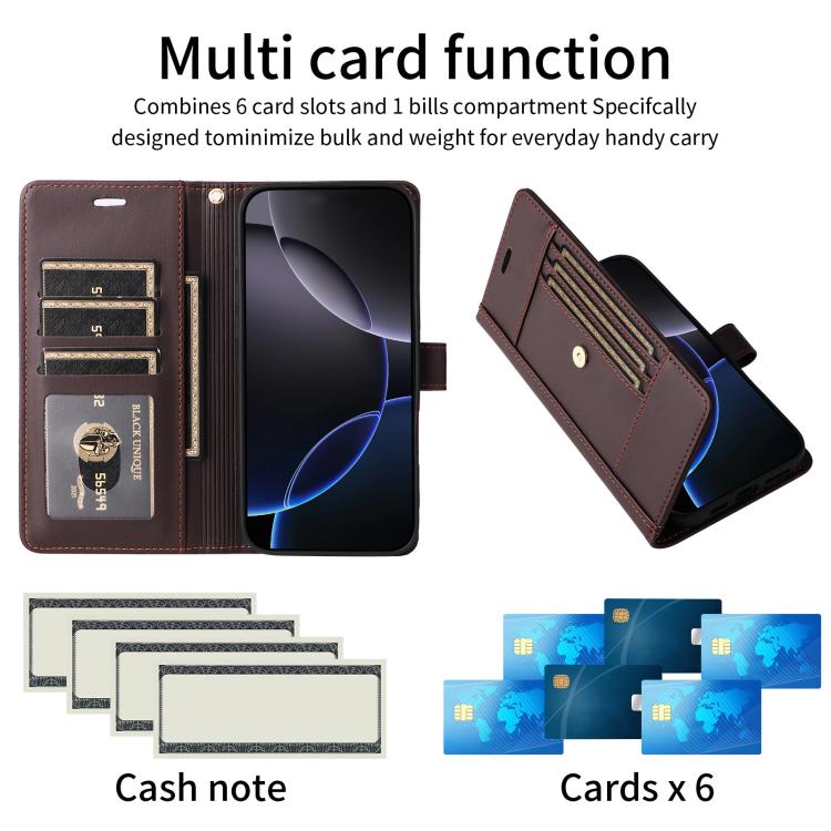 For Google Pixel 9 Pro XL / 10 Pro XL Six Card Slots Buckle Leather Phone Case with Lanyard(Coffee) - Google Cases by buy2fix | Online Shopping UK | buy2fix