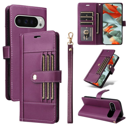 For Google Pixel 9 Pro XL / 10 Pro XL Six Card Slots Buckle Leather Phone Case with Lanyard(Purple) - Google Cases by buy2fix | Online Shopping UK | buy2fix