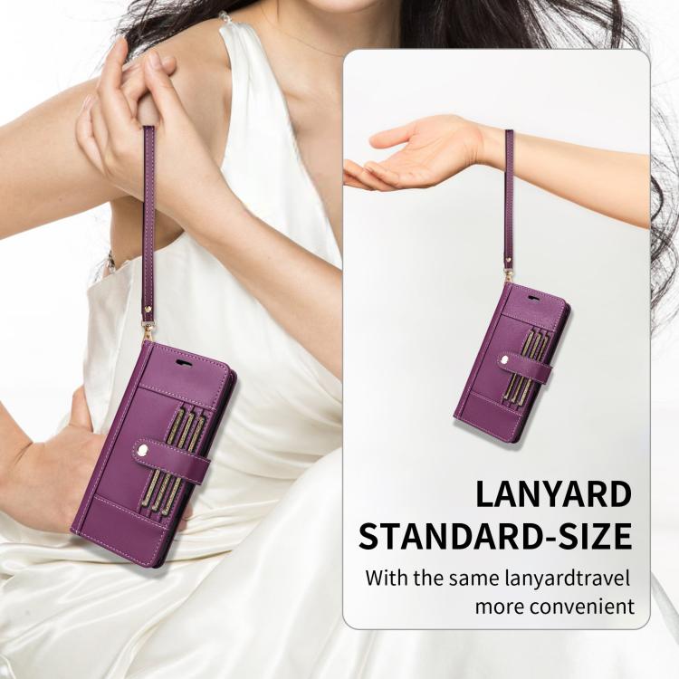 For Google Pixel 9 Pro XL / 10 Pro XL Six Card Slots Buckle Leather Phone Case with Lanyard(Purple) - Google Cases by buy2fix | Online Shopping UK | buy2fix