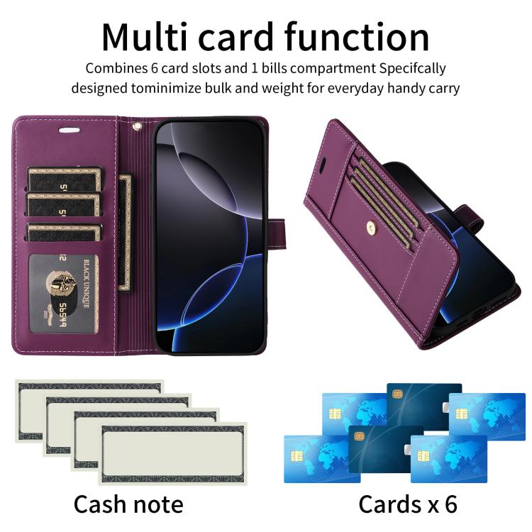 For Google Pixel 9 Pro XL / 10 Pro XL Six Card Slots Buckle Leather Phone Case with Lanyard(Purple) - Google Cases by buy2fix | Online Shopping UK | buy2fix