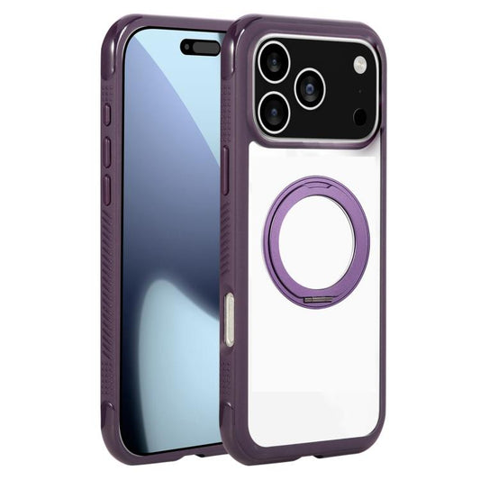 For iPhone 17 Pro Solid Color Edge Transparency Rotation Holder MagSafe Phone Case(Dark Purple) - iPhone 17 Pro Cases by buy2fix | Online Shopping UK | buy2fix