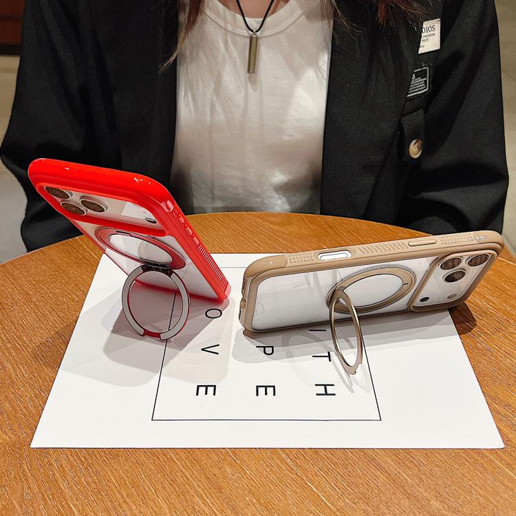 For iPhone 17 Pro Solid Color Edge Transparency Rotation Holder MagSafe Phone Case(Pink) - iPhone 17 Pro Cases by buy2fix | Online Shopping UK | buy2fix