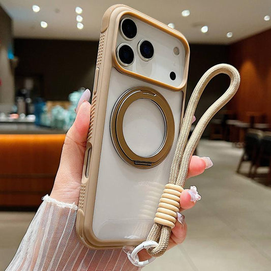 For iPhone 17 Pro Max Solid Color Edge Transparency Rotation Holder MagSafe Phone Case with Wrist Strap(Brown) - iPhone 17 Pro Max Cases by buy2fix | Online Shopping UK | buy2fix