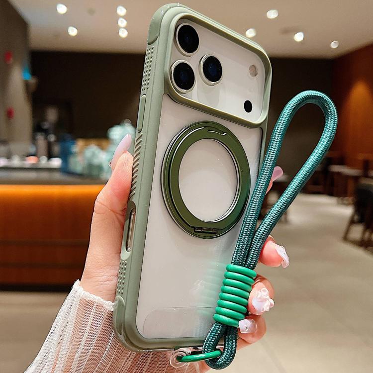 For iPhone 17 Pro Max Solid Color Edge Transparency Rotation Holder MagSafe Phone Case with Wrist Strap(Army Green) - iPhone 17 Pro Max Cases by buy2fix | Online Shopping UK | buy2fix
