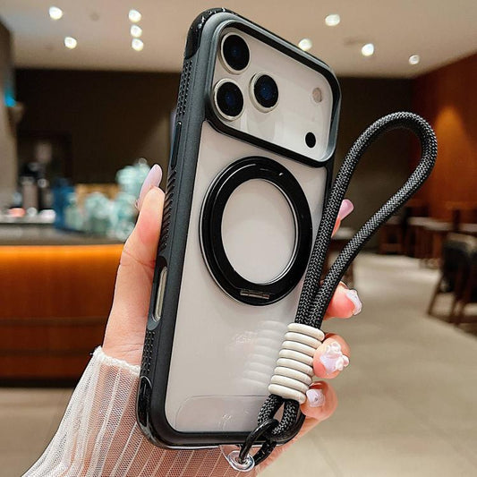 For iPhone 17 Pro Solid Color Edge Transparency Rotation Holder MagSafe Phone Case with Wrist Strap(Black) - iPhone 17 Pro Cases by buy2fix | Online Shopping UK | buy2fix