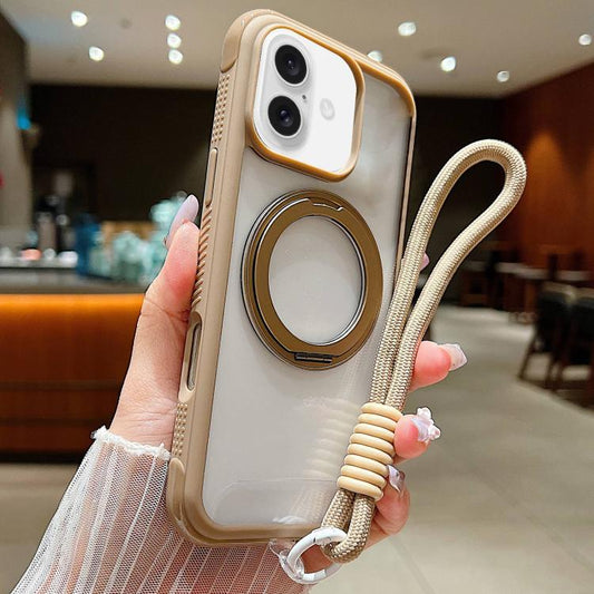 For iPhone 17 Solid Color Edge Transparency Rotation Holder MagSafe Phone Case with Wrist Strap(Brown) - iPhone 17 Cases by buy2fix | Online Shopping UK | buy2fix