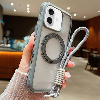 For iPhone 17 Solid Color Edge Transparency Rotation Holder MagSafe Phone Case with Wrist Strap(Grey) - iPhone 17 Cases by buy2fix | Online Shopping UK | buy2fix