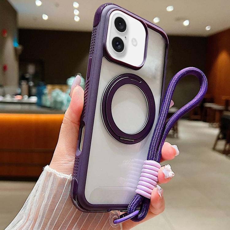 For iPhone 17 Solid Color Edge Transparency Rotation Holder MagSafe Phone Case with Wrist Strap(Dark Purple) - iPhone 17 Cases by buy2fix | Online Shopping UK | buy2fix