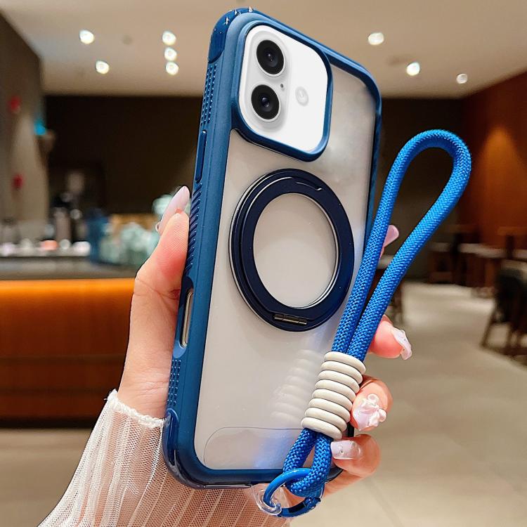 For iPhone 17 Solid Color Edge Transparency Rotation Holder MagSafe Phone Case with Wrist Strap(Royal Blue) - iPhone 17 Cases by buy2fix | Online Shopping UK | buy2fix