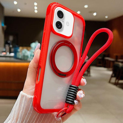 For iPhone 17 Solid Color Edge Transparency Rotation Holder MagSafe Phone Case with Wrist Strap(Red) - iPhone 17 Cases by buy2fix | Online Shopping UK | buy2fix
