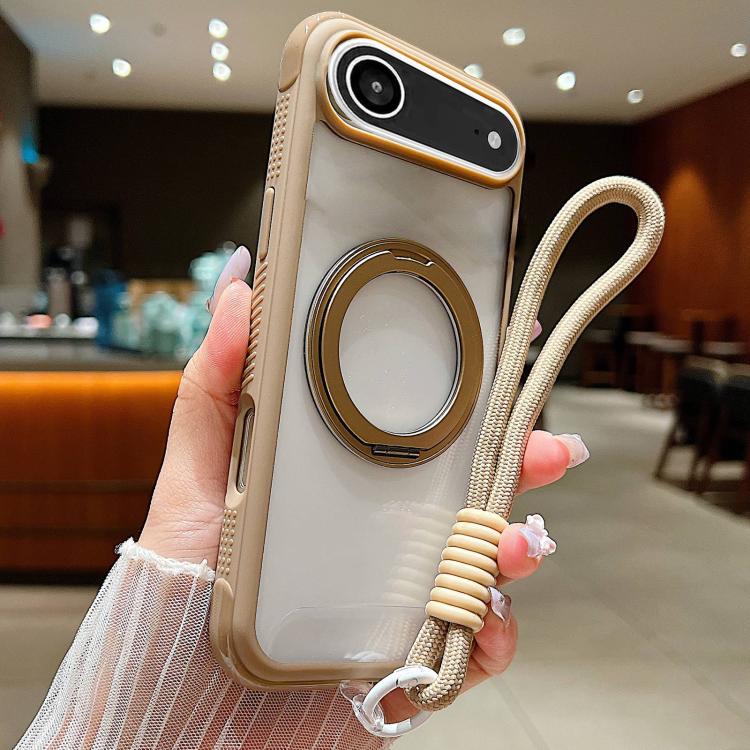 For iPhone Air Solid Color Edge Transparency Rotation Holder MagSafe Phone Case with Wrist Strap(Brown) - iPhone Air Cases by buy2fix | Online Shopping UK | buy2fix