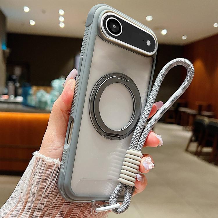For iPhone Air Solid Color Edge Transparency Rotation Holder MagSafe Phone Case with Wrist Strap(Grey) - iPhone Air Cases by buy2fix | Online Shopping UK | buy2fix