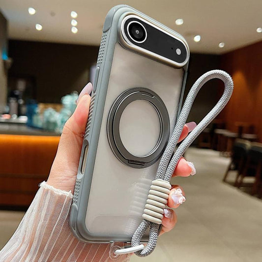 For iPhone Air Solid Color Edge Transparency Rotation Holder MagSafe Phone Case with Wrist Strap(Grey) - iPhone Air Cases by buy2fix | Online Shopping UK | buy2fix