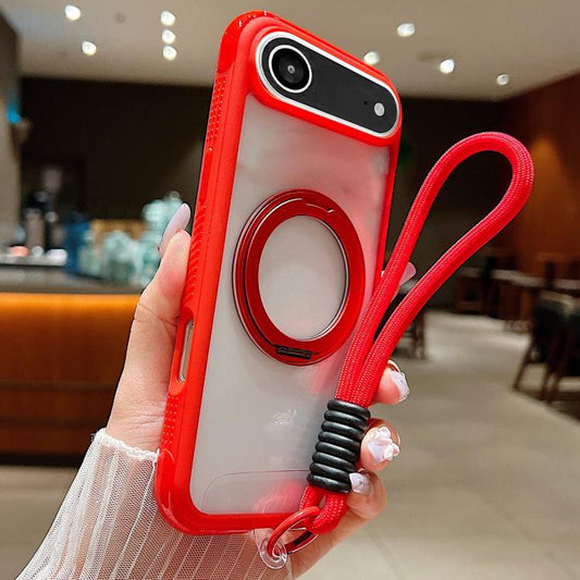 For iPhone Air Solid Color Edge Transparency Rotation Holder MagSafe Phone Case with Wrist Strap(Red) - iPhone Air Cases by buy2fix | Online Shopping UK | buy2fix