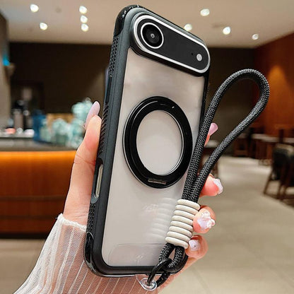 For iPhone Air Solid Color Edge Transparency Rotation Holder MagSafe Phone Case with Wrist Strap(Black) - iPhone Air Cases by buy2fix | Online Shopping UK | buy2fix
