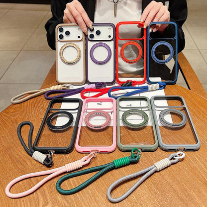 For iPhone 17 Pro Solid Color Edge Transparency Rotation Holder MagSafe Phone Case with Wrist Strap(Dark Purple) - iPhone 17 Pro Cases by buy2fix | Online Shopping UK | buy2fix