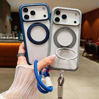 For iPhone 17 Solid Color Edge Transparency Rotation Holder MagSafe Phone Case with Wrist Strap(Royal Blue) - iPhone 17 Cases by buy2fix | Online Shopping UK | buy2fix