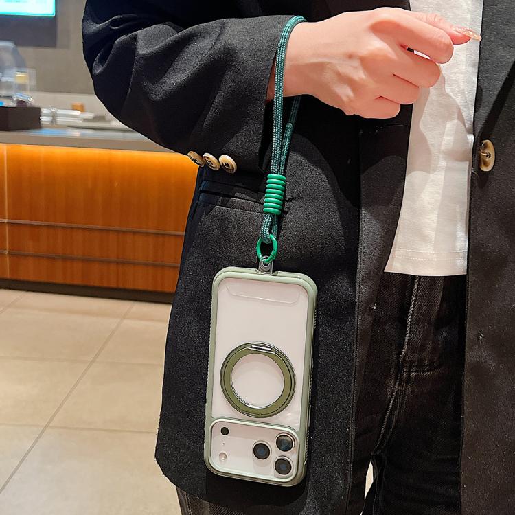 For iPhone 17 Pro Max Solid Color Edge Transparency Rotation Holder MagSafe Phone Case with Wrist Strap(Black) - iPhone 17 Pro Max Cases by buy2fix | Online Shopping UK | buy2fix