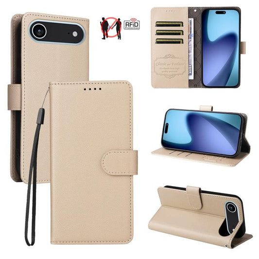 For iPhone Air Litchi Texture RFID Blocking 3-Card Wallet Leather Phone Case(Beige) - iPhone Air Cases by buy2fix | Online Shopping UK | buy2fix