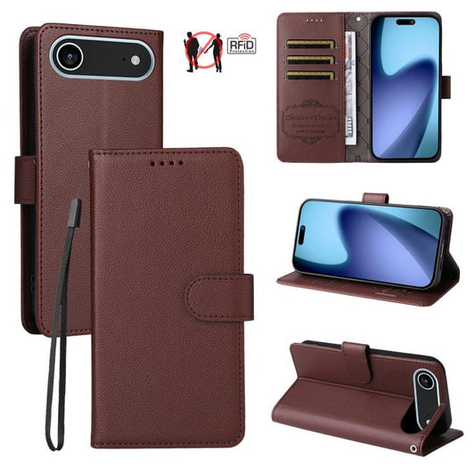 For iPhone Air Litchi Texture RFID Blocking 3-Card Wallet Leather Phone Case(Brown) - iPhone Air Cases by buy2fix | Online Shopping UK | buy2fix