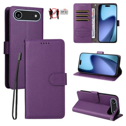 For iPhone Air Litchi Texture RFID Blocking 3-Card Wallet Leather Phone Case(Purple) - iPhone Air Cases by buy2fix | Online Shopping UK | buy2fix