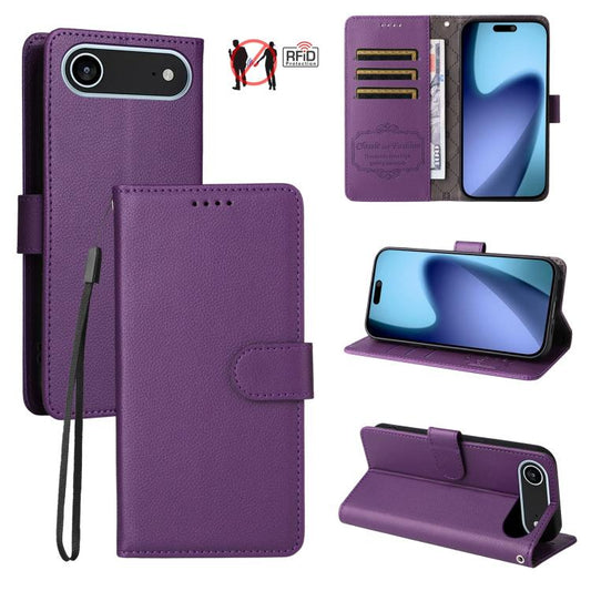 For iPhone Air Litchi Texture RFID Blocking 3-Card Wallet Leather Phone Case(Purple) - iPhone Air Cases by buy2fix | Online Shopping UK | buy2fix