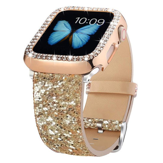 For Apple Watch 42 / 44 / 45 / 46 / 49mm xDfind Glitter Sequins Leather Watch Band(Gold)