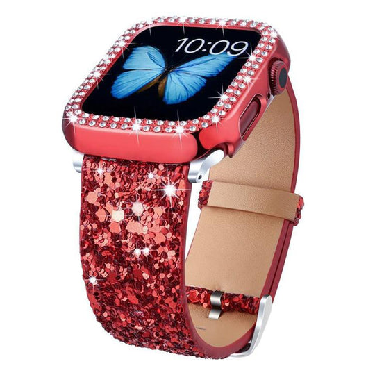 For Apple Watch 42 / 44 / 45 / 46 / 49mm xDfind Glitter Sequins Leather Watch Band(Red)