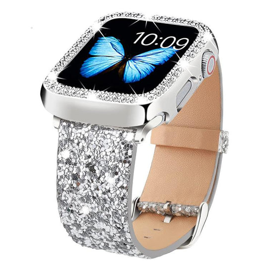 For Apple Watch 38 / 40 / 41 / S10 42mm xDfind Glitter Sequins Leather Watch Band(Silver)