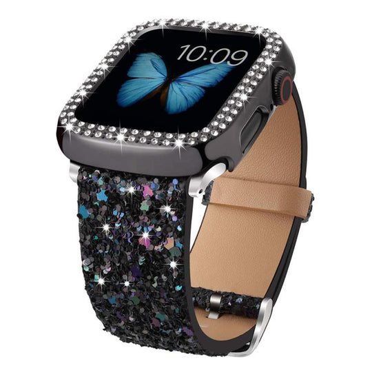 For Apple Watch 38 / 40 / 41 / S10 42mm xDfind Glitter Sequins Leather Watch Band(Black)