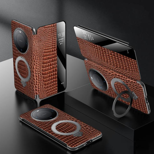 For Huawei Mate 60 Pro SULADA Crocodile Texture Cowhide MagSafe Holder Smart Window Phone Case(Brown)