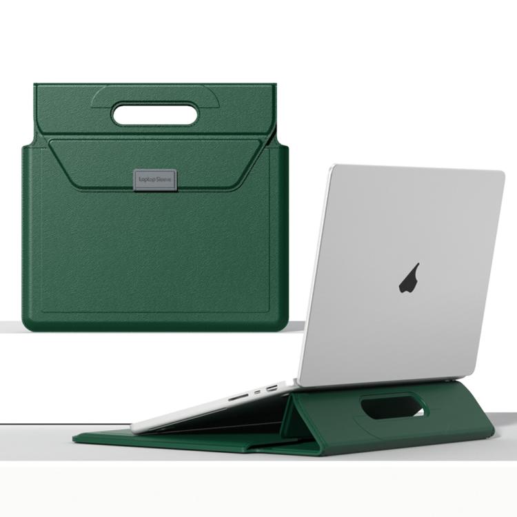 For 15 / 16.1 inch Handle Portable Laptop Briefcase PU Leather Laptop Sleeve with Foldable Stand(Dark Green) - Other by buy2fix | Online Shopping UK | buy2fix