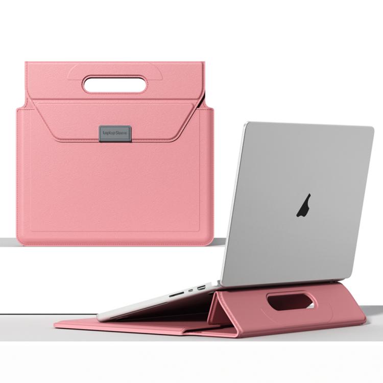 For 15 / 16.1 inch Handle Portable Laptop Briefcase PU Leather Laptop Sleeve with Foldable Stand(Pink) - Other by buy2fix | Online Shopping UK | buy2fix