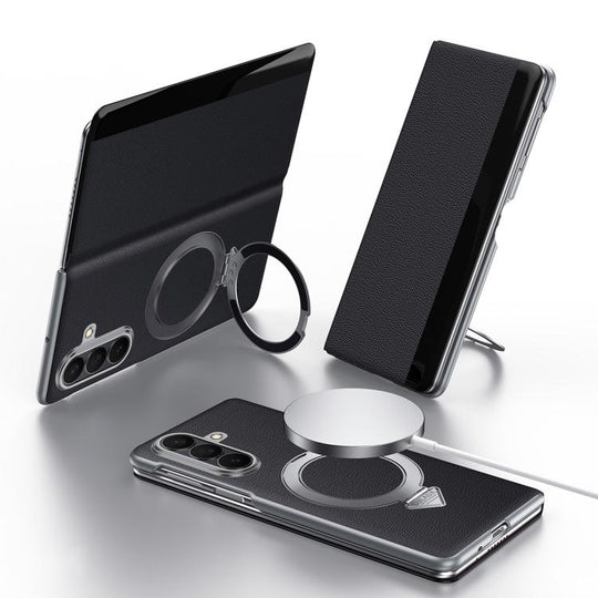 For Galaxy Z Fold7 5G SULADA Smart View Window MagSafe Magnetic Holder Leather Phone Case(Black)