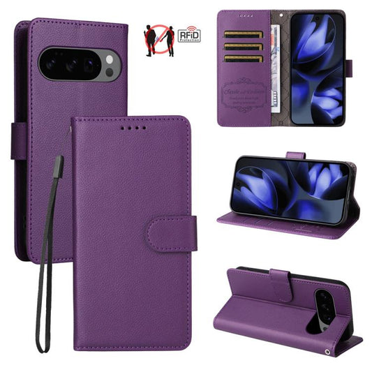 For Google Pixel 9 / 9 Pro / 10 / 10 Pro Litchi Texture RFID Blocking 3-Card Wallet Leather Phone Case(Purple) - Google Cases by buy2fix | Online Shopping UK | buy2fix