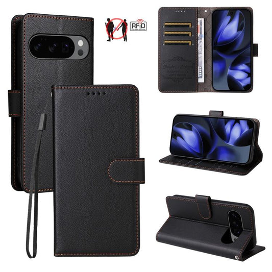 For Google Pixel 9 / 9 Pro / 10 / 10 Pro Litchi Texture RFID Blocking 3-Card Wallet Leather Phone Case(Black) - Google Cases by buy2fix | Online Shopping UK | buy2fix