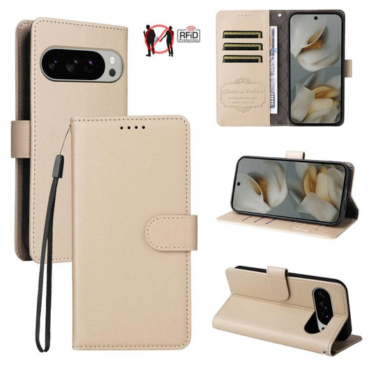 For Google Pixel 9 Pro XL / 10 Pro XL Litchi Texture RFID Blocking 3-Card Wallet Leather Phone Case(Beige) - Google Cases by buy2fix | Online Shopping UK | buy2fix