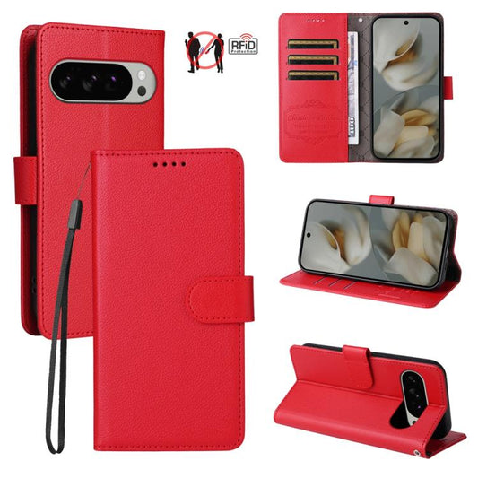 For Google Pixel 9 Pro XL / 10 Pro XL Litchi Texture RFID Blocking 3-Card Wallet Leather Phone Case(Red) - Google Cases by buy2fix | Online Shopping UK | buy2fix