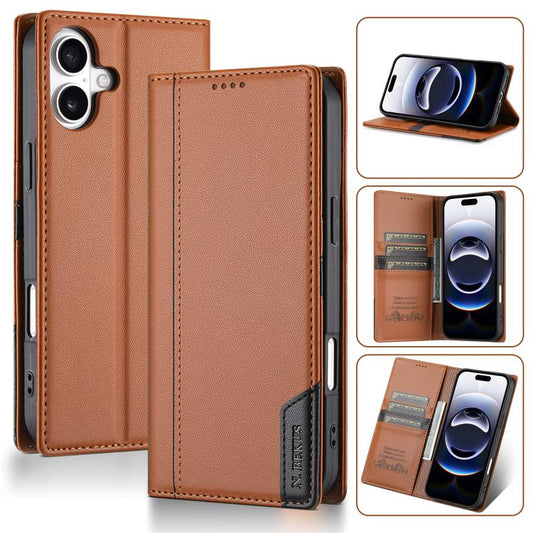 For iPhone 16 N.BEKUS P3 RFID Stitching Magnetic Flip Leather Phone Case(Brown) - iPhone 16 Cases by N.BEKUS | Online Shopping UK | buy2fix