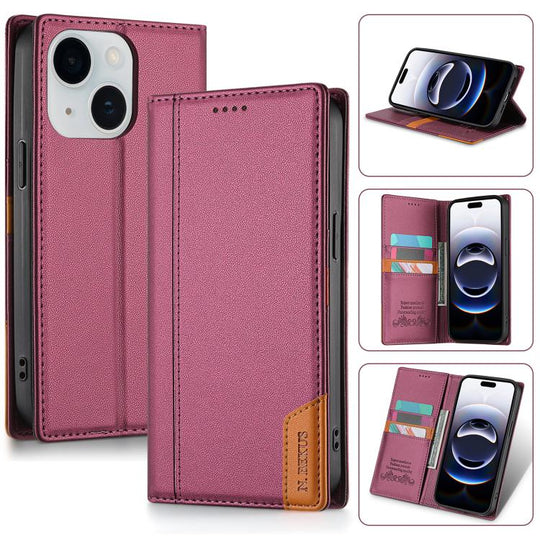 For iPhone 14 / 13 N.BEKUS P3 RFID Stitching Magnetic Flip Leather Phone Case(Wine Red)
