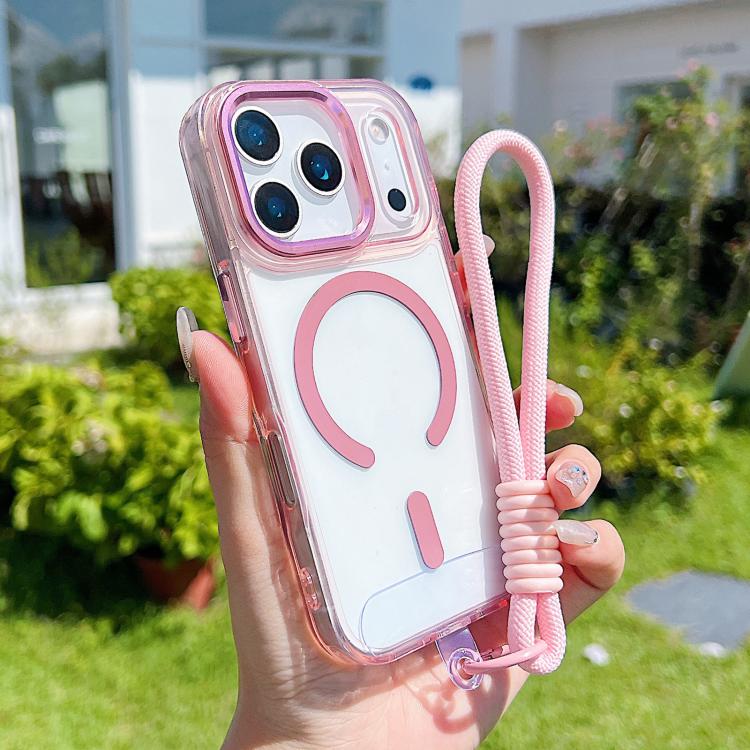 For iPhone 17 Pro Max MagSafe Magnetic Clear Phone Case with Wrist Strap(Pink) - iPhone 17 Pro Max Cases by buy2fix | Online Shopping UK | buy2fix