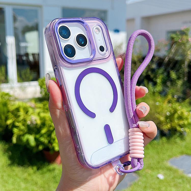 For iPhone 17 Pro Max MagSafe Magnetic Clear Phone Case with Wrist Strap(Purple) - iPhone 17 Pro Max Cases by buy2fix | Online Shopping UK | buy2fix